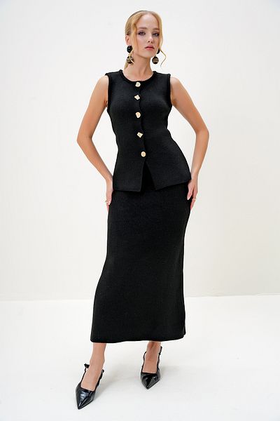 Trend Alaçatı Stili Damen-Set aus langer Strickweste und Rock mit Knöpfen in Schwarz und Gold ALC-X13029