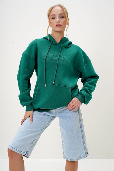 Trend Alaçatı Stili Women's Green Hooded Three Thread Ribbed Sweatshirt with Embossed Lettering on the Front Alc-X13078