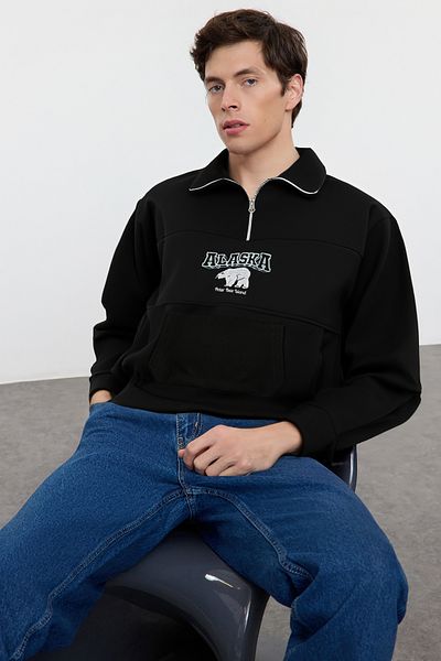 Trendyol Collection Μαύρο Oversize/Wide Cut Animal Κεντημένο γιακά με φερμουάρ Φούτερ χωρίς ράχη TMNAW25SW00051