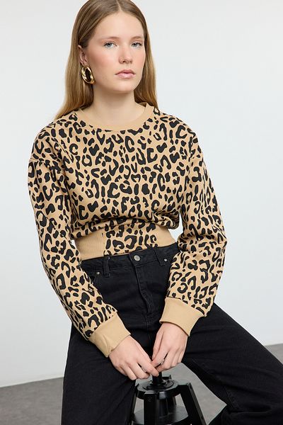 Trendyol Collection Кафяв плетен суитшърт с леопардови шарки - нормална кройка Twoaw25Sw00303