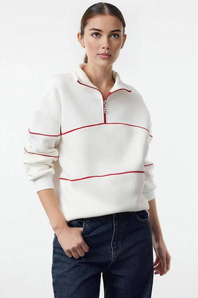 Trendyol Collection Ecru Knitted Sweatshirt - Ribbed Detail, Zip Collar, Wide Fit Twoaw25Sw00299
