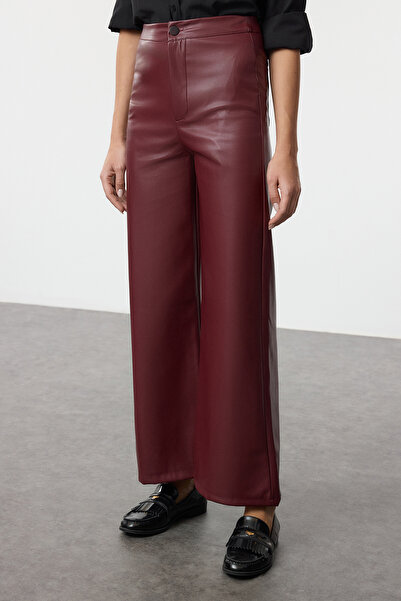Trendyol Collection Faux Leather Claret Red Wide Leg Trousers - Pocket Detailed, Twoaw24Pl00103