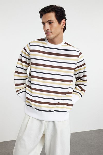 Trendyol Collection Суитшърт с голям размер на райе от полар - кафяв Tmnaw25Sw00020