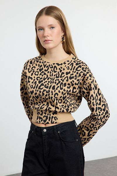 Trendyol Collection Кафяв плетен суитшърт с леопардови шарки - нормална кройка Twoaw25Sw00303