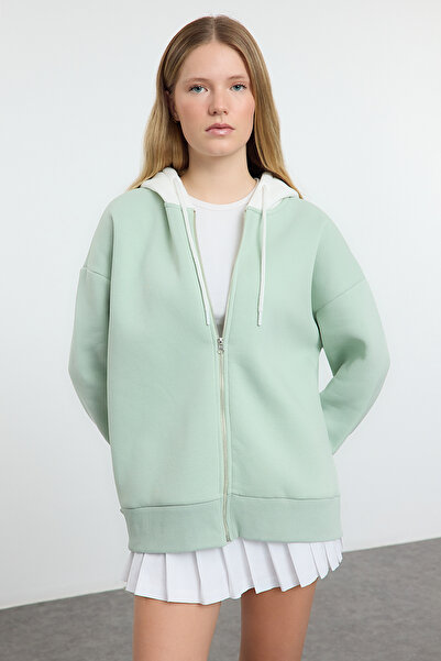 Trendyol Collection Mint Color Blocked Oversize/Wide Fit Pletená mikina s kapucí a zipem Twoaw25Sw00101