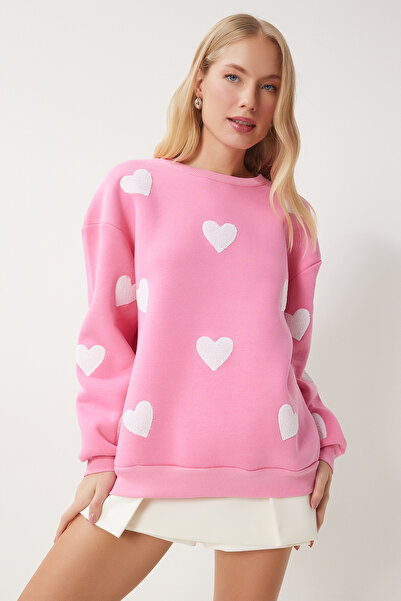 Happiness İstanbul Dámská růžová pletená mikina s texturou se srdcem Mp00030