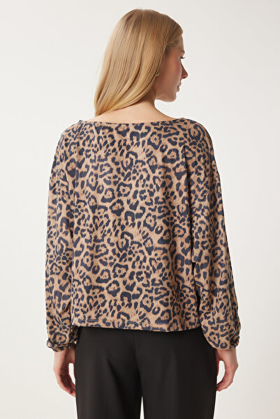 Happiness İstanbul Dámská černá béžová halenka s leopardím vzorem Fn03402