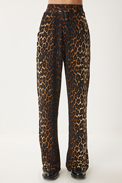 Happiness İstanbul Kadın Siyah Krem Beli Cırtlı Rahat Dokuma Pantolon RV00150