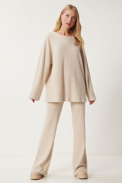 Happiness İstanbul Women's Cream Comfortable Corded Knitted Blouse Trousers Set Rg00047
