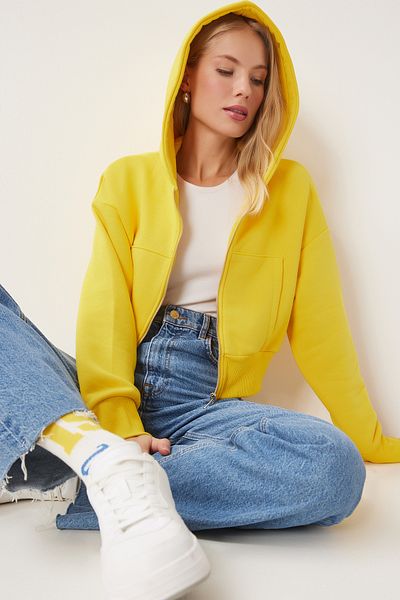 Happiness İstanbul Gelbes Damen-Sweatshirt mit Kapuze - Zipped OW00051