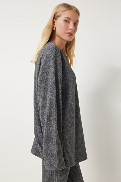 Happiness İstanbul Kadın Antrasit Rahat Fitilli Örme Bluz Pantolon Takım RG00047