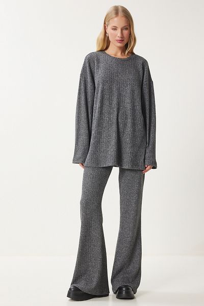 Happiness İstanbul Anthrazitfarbenes Damen-Set aus gestrickter Bluse und Hose – bequemer Cord RG00047