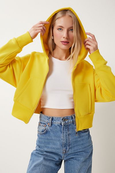 Happiness İstanbul Gelbes Damen-Sweatshirt mit Kapuze - Zipped OW00051