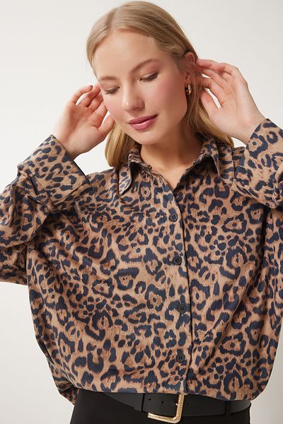Happiness İstanbul Damen-Hemd aus Wildleder mit Leopardenmuster in Schwarz-Beige FN03403