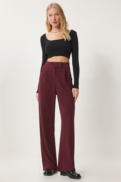 Happiness İstanbul Burgunderrote, bequeme, gewebte Damenhose mit Klettverschluss RV00150