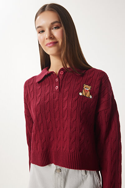 Happiness İstanbul Pulover de damă din tricotaj cu motiv burgundy ZH00043
