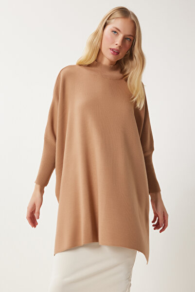 Happiness İstanbul Poncho oversize pentru femei, culoare biscuit, cu fantă laterală, YY00005