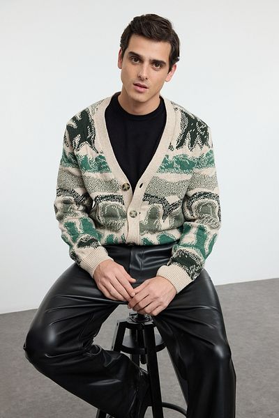 Trendyol Collection Herren Strickjacke mit V-Ausschnitt und Blumenmuster - MintFl Tmnaw25hi00004