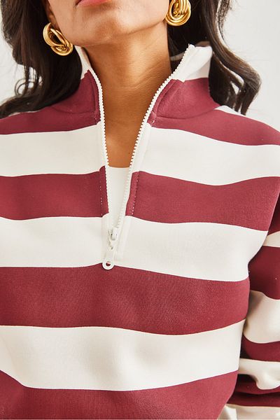 Olalook Burgunderrot gestreiftes Damen-Sweatshirt – Stehkragen, Reißverschluss, dick – SWT- 19000690