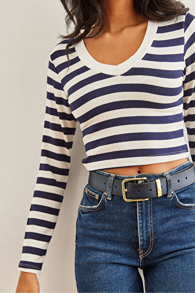 Olalook Γυναικεία ελαστική μπλούζα με χοντρή ριγέ Navy Blue με λαιμόκοψη με απαλό άγγιγμα BLZ- 19002767