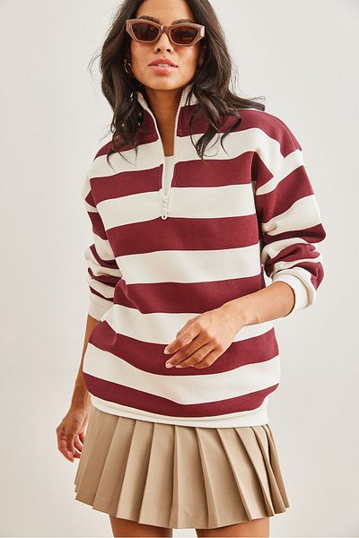 Olalook Burgunderrot gestreiftes Damen-Sweatshirt – Stehkragen, Reißverschluss, dick – SWT- 19000690