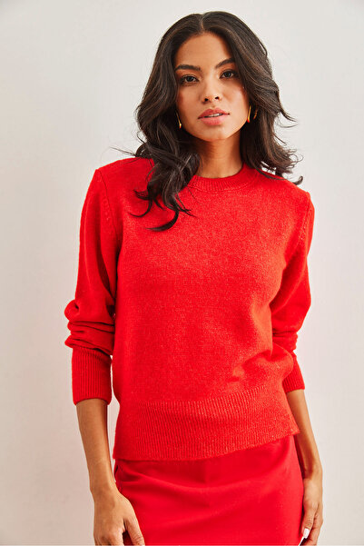 Olalook Pulover de bază tricotat cu textura moale, roșu, pentru femei, KZK- 19000845