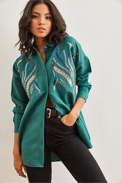Olalook Women's Emerald Green Sequined Wool Effect Oversize Winter Shirt Gml- 19001157