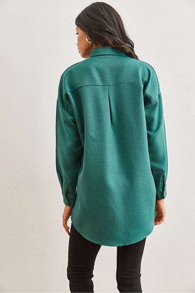 Olalook Women's Emerald Green Sequined Wool Effect Oversize Winter Shirt Gml- 19001157