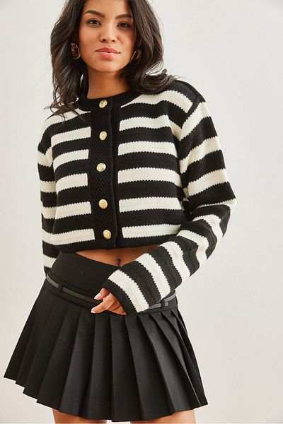 Olalook Women's Black Honeycomb Braided Striped Knitwear Cardigan Hrk- 19000316