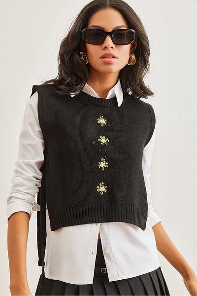 Olalook Women's Black Side Tie Embroidery Detailed Knitwear Sweater Svt- 00000040