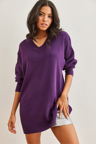 Olalook Women's Purple V-Neck Knitwear Tunic Dress Elb- 19002280