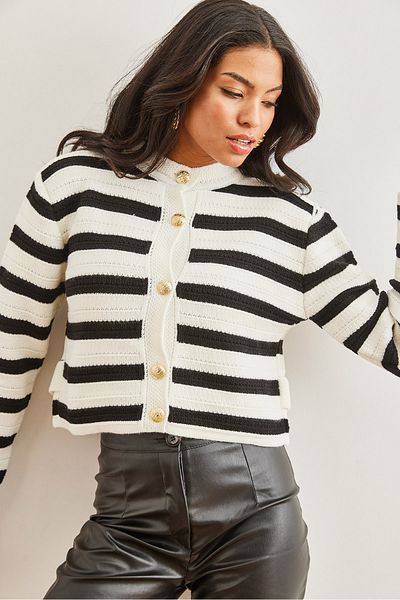 Olalook Cardigan alb cu dungi împletite în fagure de miere pentru femei HRK- 19000316
