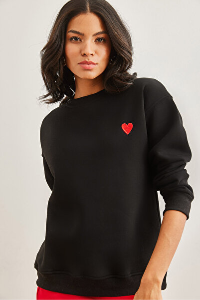 Olalook Black Heart Embroidered Women's Sweatshirt - Swt- 19000685