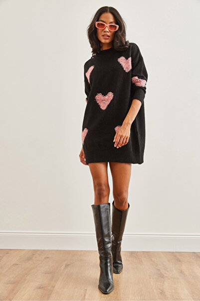 Olalook Dámske tunikové šaty s čiernym srdcom s jemnými textúrami – 19002284
