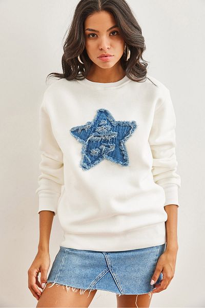 Olalook Ecru Denim Women's Sweatshirt - Heart Garnished and Raised, Thick - Swt- 19000691