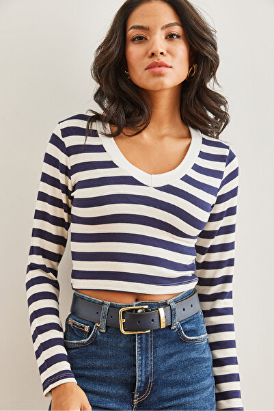 Olalook Γυναικεία ελαστική μπλούζα με χοντρή ριγέ Navy Blue με λαιμόκοψη με απαλό άγγιγμα BLZ- 19002767