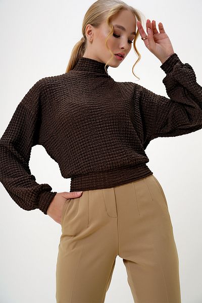 Trend Alaçatı Stili Braune Crop-Bluse aus Seersuckerstoff mit halbem Rollkragen für Damen ALC-X13124