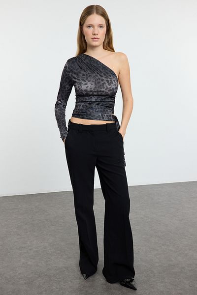 Trendyol Collection Ελαστική πλεκτή μπλούζα Crop - Anthracite Leopard Print, Μονό μανίκι, Λεπτομέρεια δεσίματος TWOAW23BZ00094