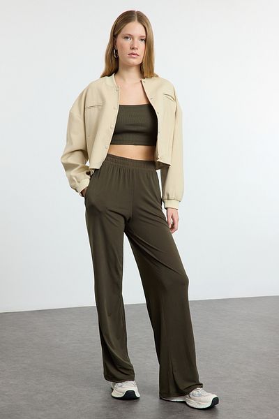 Trendyol Collection Khaki Wide Leg/Comfortable Cut High Waist Stretchy Trousers Twoss23Pl00129