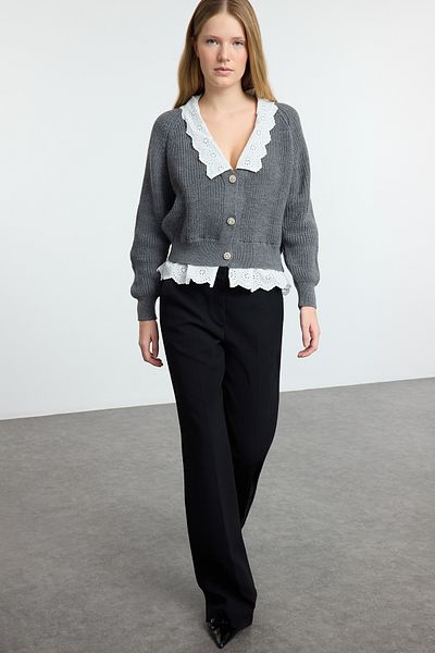 Trendyol Collection V-Neck Anthracite Knitwear Cardigan - Garni Detailed, Crop Cut Twoaw24Hi00221