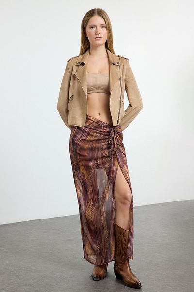 Trendyol Collection Brown Patterned Slit Detailed Maxi Skirt Twoaw25Et00143
