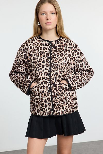 Trendyol Collection Multi-Colored Brown Leopard Print Quilted Slim Jacket Coat Twoaw25Mo00311
