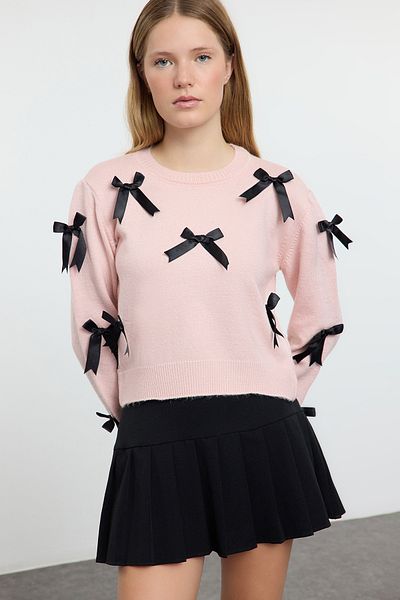 Trendyol Collection Pulover tricotaj roz cu textura moale - Detaliu panglică și fundă TWOAW25KZ00155