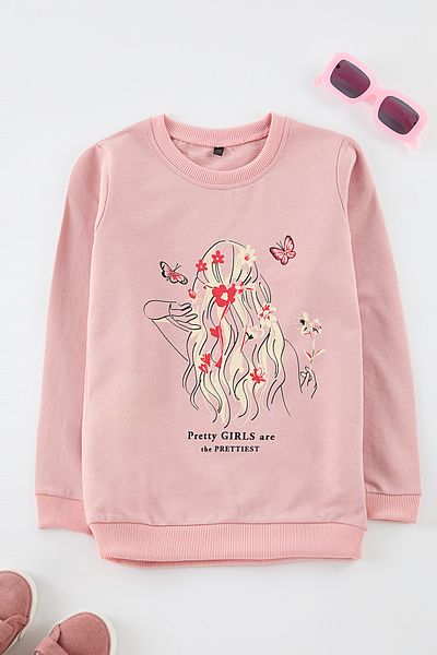 TRENDYOLKIDS Πούδρα*001 Πλεκτό φούτερ για κορίτσια με στάμπα TKDAW25SW00043