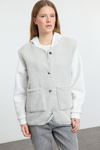 Trendyol Collection Szara wygodna pluszowa kamizelka - gruba z kieszeniami Twoaw25Ye00093