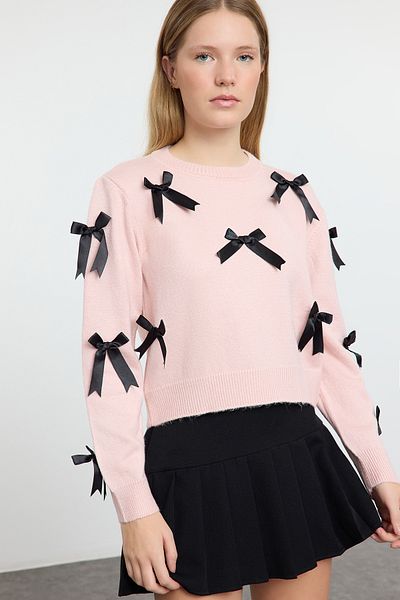 Trendyol Collection Pulover tricotaj roz cu textura moale - Detaliu panglică și fundă TWOAW25KZ00155