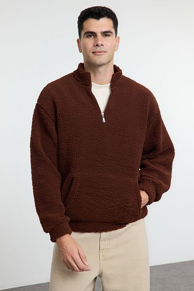 Trendyol Collection Σκούρο καφέ Oversize βελούδινο φούτερ με φερμουάρ - TMNAW25SW00107