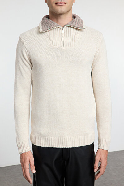 Trendyol Collection Beige Plain Knitwear Sweater - Casual, Half Turtleneck Tmnaw25Kz00008