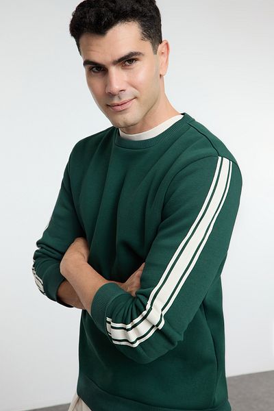 Trendyol Collection Φούτερ Emerald Green Fleece με ρίγες με εσωτερική λεπτομέρεια - κανονική εφαρμογή TMNAW25SW00163