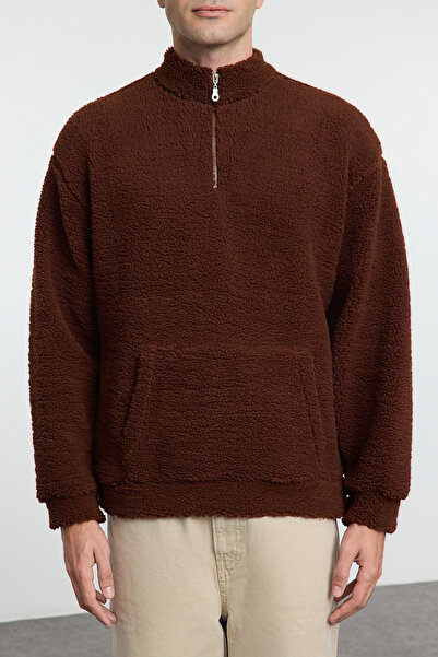 Trendyol Collection Σκούρο καφέ Oversize βελούδινο φούτερ με φερμουάρ - TMNAW25SW00107